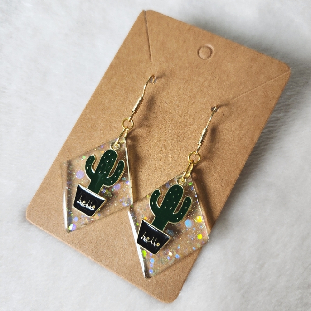 Cactus Dangle Earrings with Glitter Accents